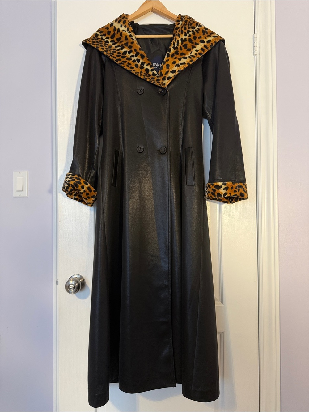 PANTI Alberto Pantini Black Coat with Leopard Trim & Hood – Fits L (Tagged XL)